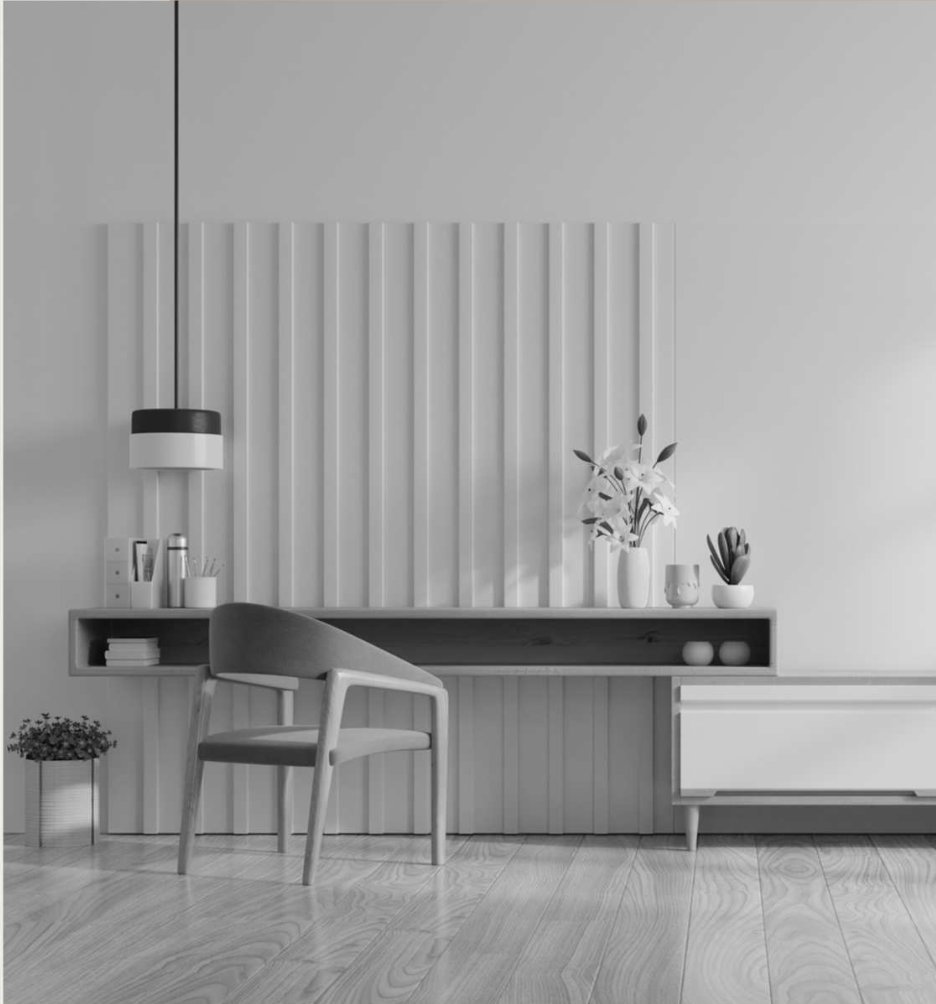 Fluted wall panelling with a built-in desk and pendant light