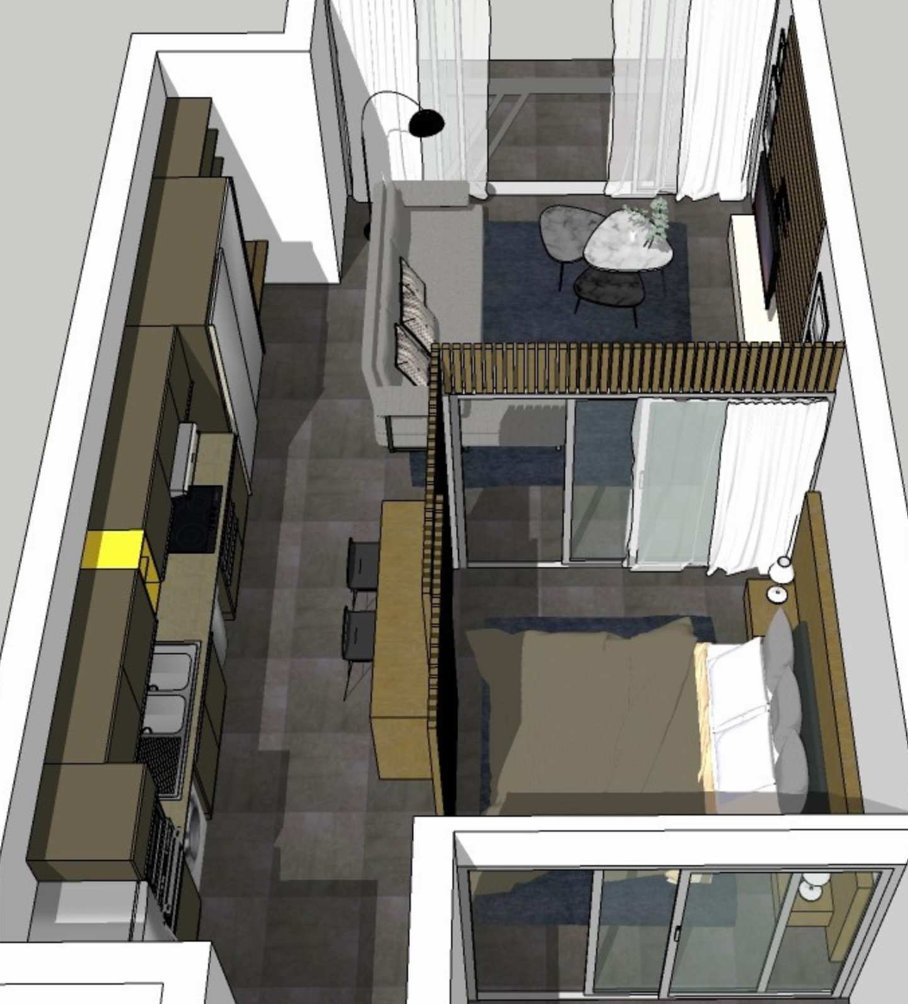 Three-dimensional render of a serviced apartment layout